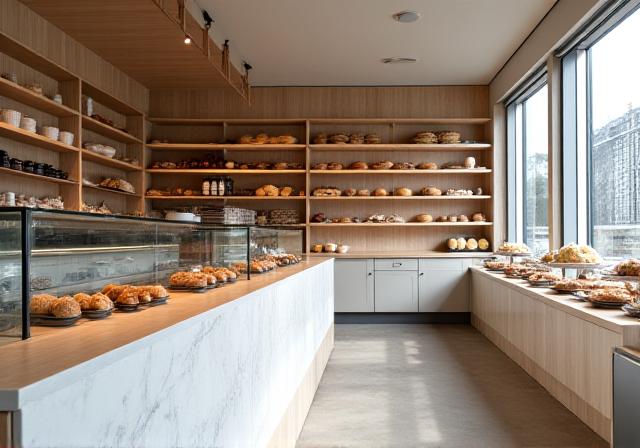 Interiør fra bageriet med lyst træ og rene linjer
