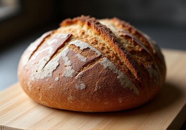 Nybredt surdejsbrød med geometriske ridsninger